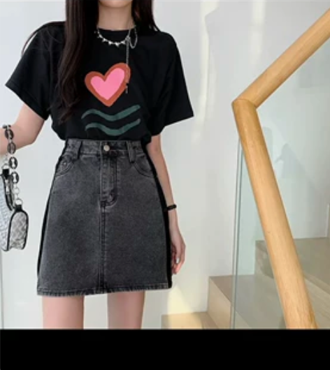 撞色牛仔短裙 大码A字裙 遮胯高腰显瘦 只...