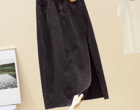 春夏新款设计感高腰开叉牛仔半身裙女包臀显瘦...