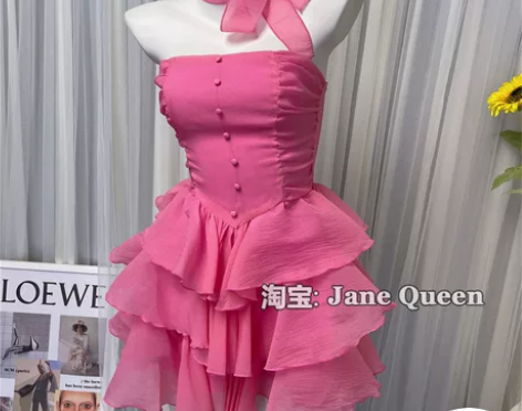 小红书甜美纯欲穿搭夏日度假裹胸蛋糕裙玫红显...