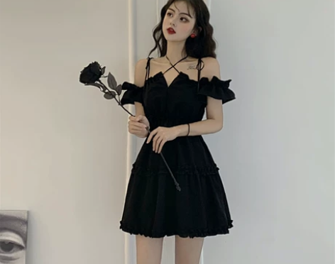 日系少女交叉绑带露肩挂脖连衣裙21夏新款暗...