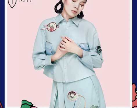 衍行春季中国风女装 海棠绣花拼接灯笼长袖短...