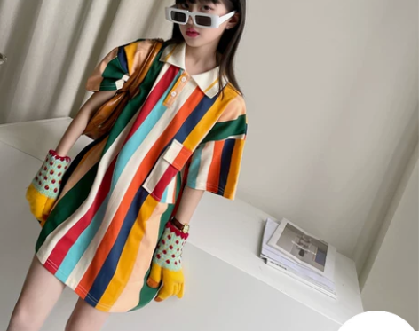 女童连衣裙2022夏季polo短袖彩条上衣...