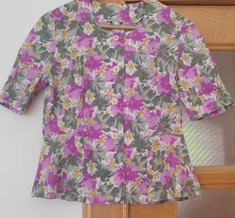 油画碎花收腰复古港风衬衣日制收腰碎花小衫夏...