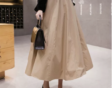 半身裙复古港风法式长裙及踝大摆到脚踝高腰秋...