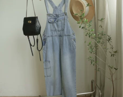 复古减龄背带裤 韩版宽松显瘦直筒阔腿牛仔裤...