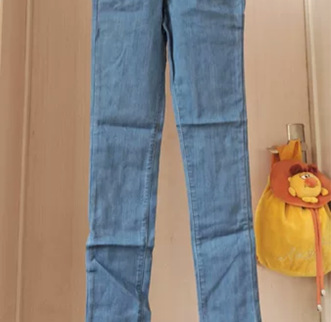 高腰牛仔裤三扣浅蓝色牛仔长裤修身高弹 外贸...