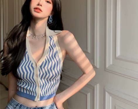 欧美吊带背心条纹挂脖露背性感针织打底衫女夏...