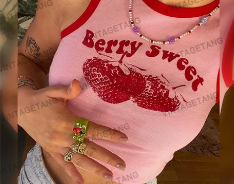 VintageTang美式复古粉色草莓高腰...