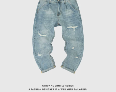 春秋新款九分破洞牛仔裤男宽松直筒韩版潮流百...