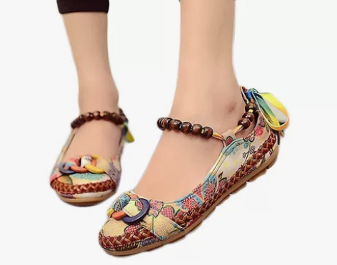 复古色 老北京布鞋串珠民族风绣花鞋女绑带内...