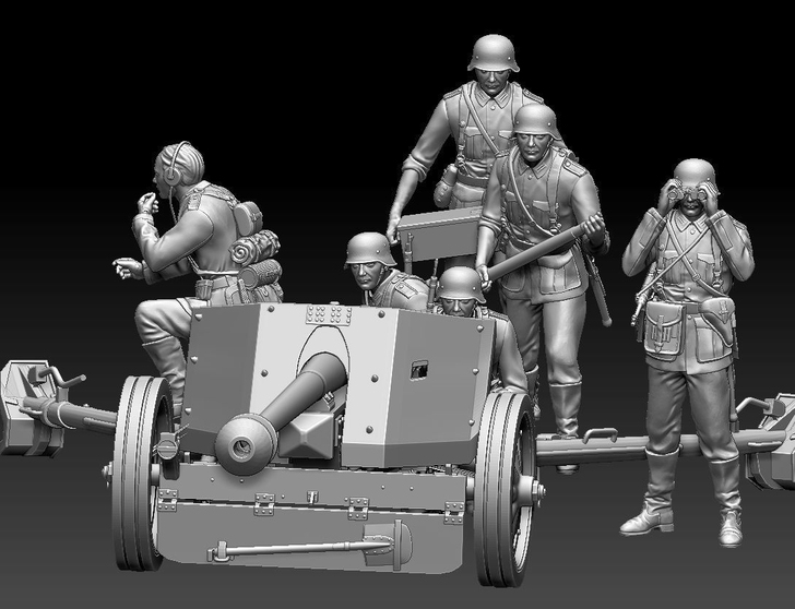二战德军炮兵兵人模型，3d打印白模，40炮...