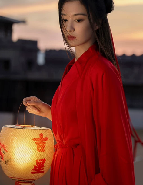 红色魏晋风武侠古装汉服女中国风帅气交领古风...