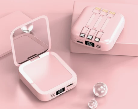樱花粉化妆镜充电宝20000mAh自带线移...