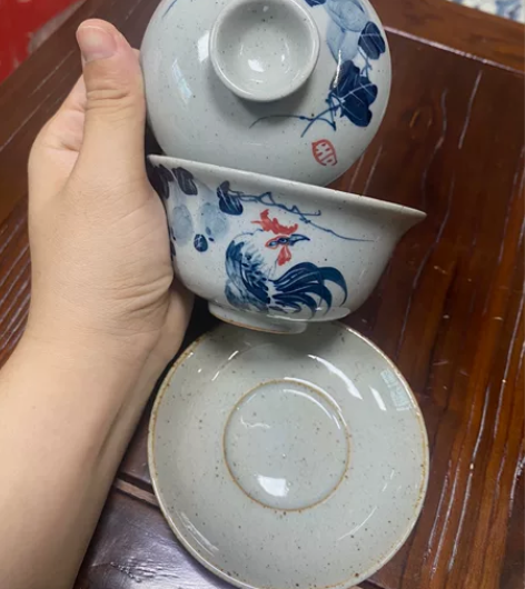 盖碗青花手绘老泥原矿公鸡图大吉大利元宝盖碗...