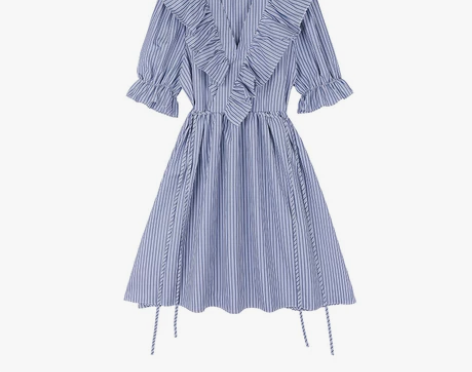 法式复古小众赫本泡泡袖茶歇条纹娃娃连衣裙子...