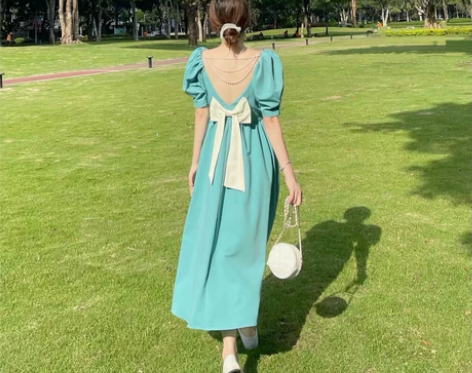 全新2022新款法式气质露背蝴蝶结连衣裙女...