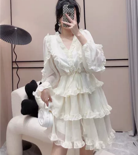 夏季法式超仙木耳边雪纺连衣裙女甜美减龄高腰...