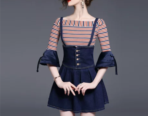 芙娜妮春夏季牛仔背带裙修身喇叭袖连衣裙两件...