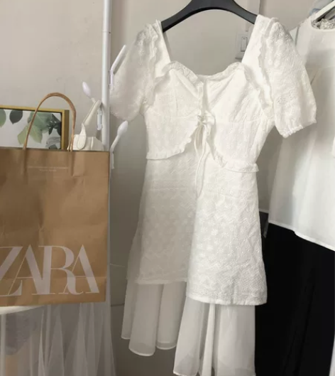 连衣裙仙女白色短袖连衣裙 连衣裙 侧身有拉...