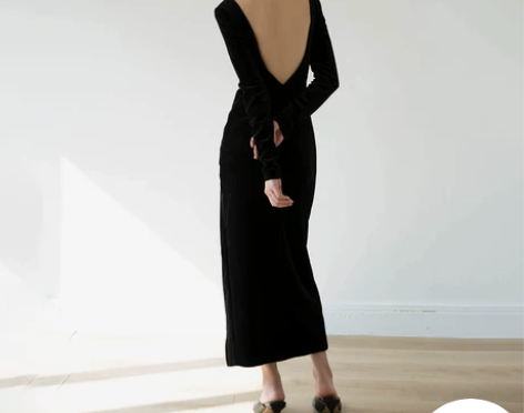 LINIE 露背复合丝绒高开叉连衣裙一字肩...