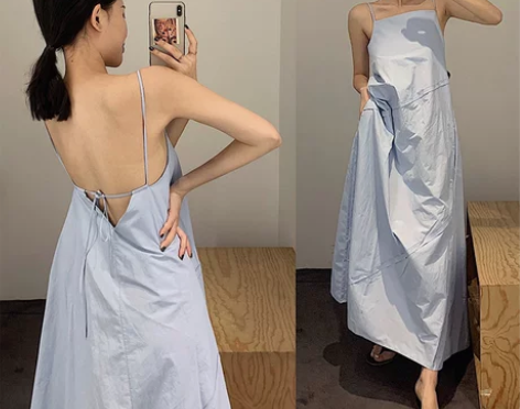 ?19夏季cos风度假风浅蓝色性感露背吊带...