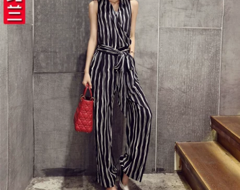 条纹连体裤女夏2017韩国修身显瘦长裤V领...