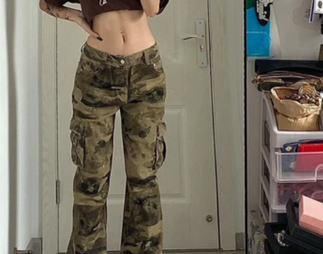 迷彩工装裤子女夏季设计感小众美式复古高街h...