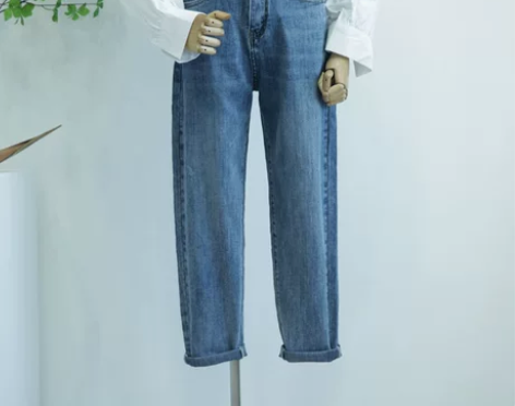 chic休闲直筒裤简约百搭宽松显瘦高腰牛仔...