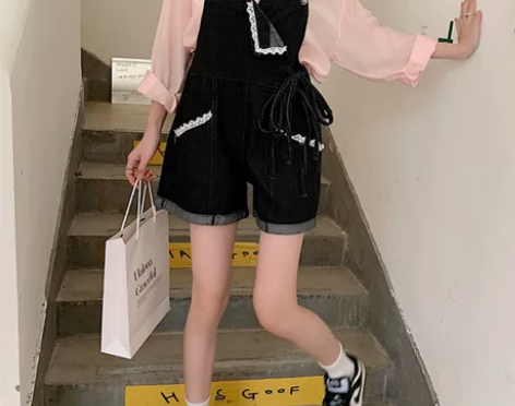 牛仔裤背带裤短裤女夏季2022新款设计感小...
