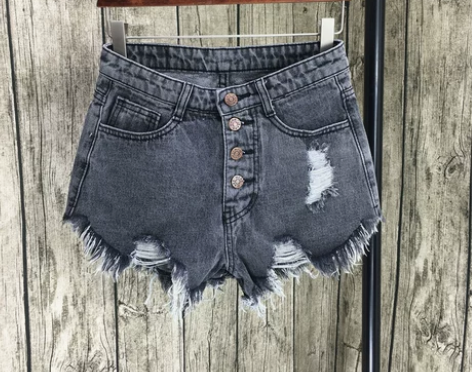 韩国烟灰色破洞排扣牛仔短裤女夏mm大码显瘦...