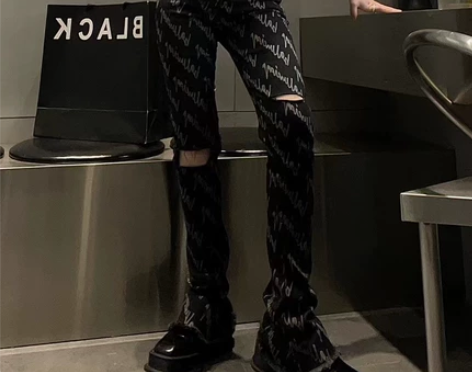 2022新款字母高腰水洗做旧割破洞拖地长款...