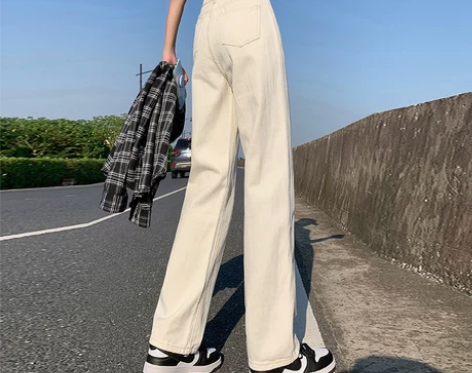 米白色高腰直筒牛仔裤女春秋小个子泫雅宽松显...