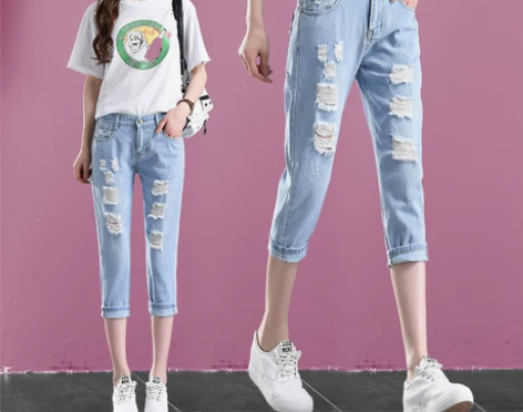 宽松七分牛仔裤女薄款韩版高腰直筒中裤破洞乞...