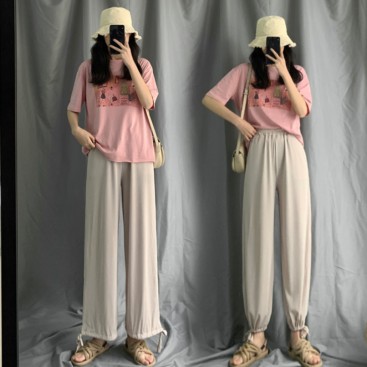 针织阔腿裤女秋2020新款高腰休闲直筒宽松...