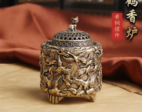 【全新未拆封包邮】纯黄铜做旧仙鹤檀香熏香炉...