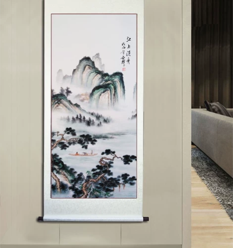 店面不开了全新闲置手绘江上泛舟字画国画竖幅...
