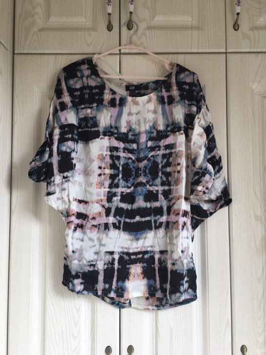 全新hm蝙蝠七分袖宽松扎染雪纺打底衬衫