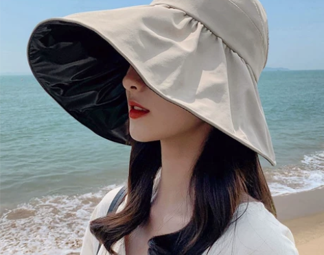 全新！ 空顶遮阳帽女夏季防晒大檐帽 黑胶防...