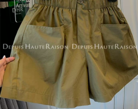 DHR 复古双口袋高腰花苞短裤子女阔腿宽松...