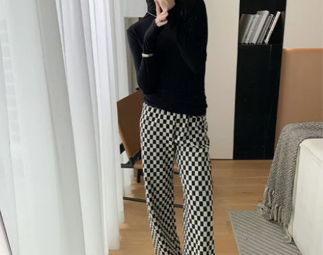 崔婶儿定制 棋盘格 高腰直筒裤女2021秋...