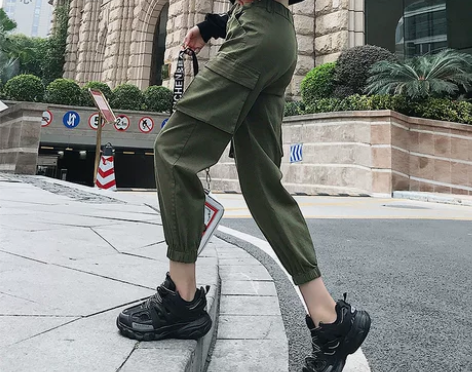 ins工装裤女宽松bf高腰韩版束脚九分裤法...