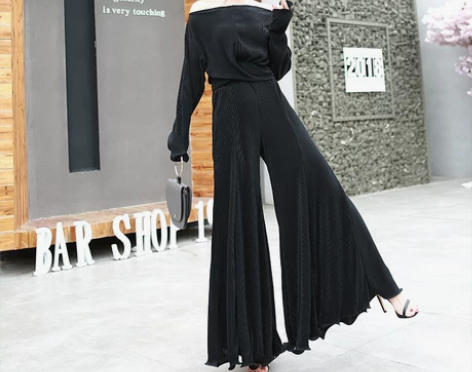 大喇叭阔腿裤裙裤女高腰显瘦大摆甩裤一字肩斜...
