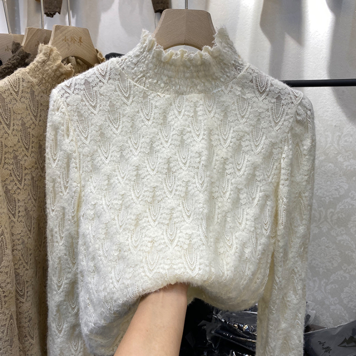 欧洲站半高领花边磨毛蕾丝衫女2020冬季新...