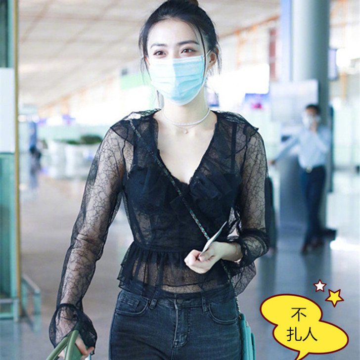 徐璐机场同款黑色V领蕾丝衫女长袖洋气镂空性...