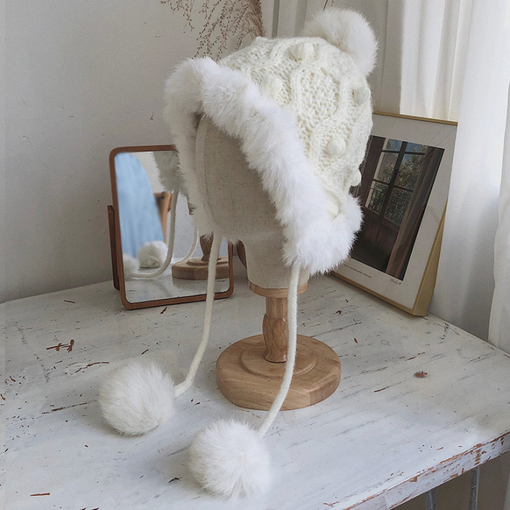 韩版毛线帽子女秋冬季雷锋帽保暖护耳兔毛球针...