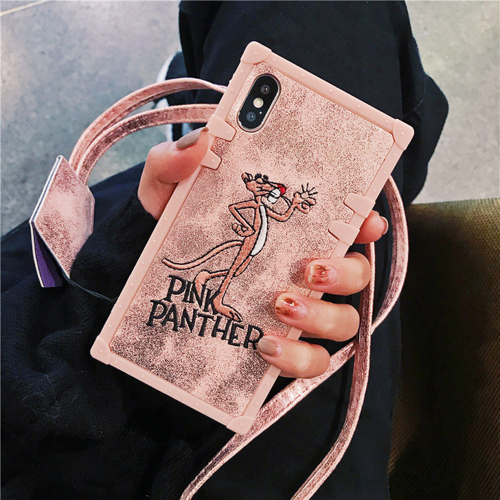 ins粉红豹做旧粉苹果6手机壳挂绳ipho...