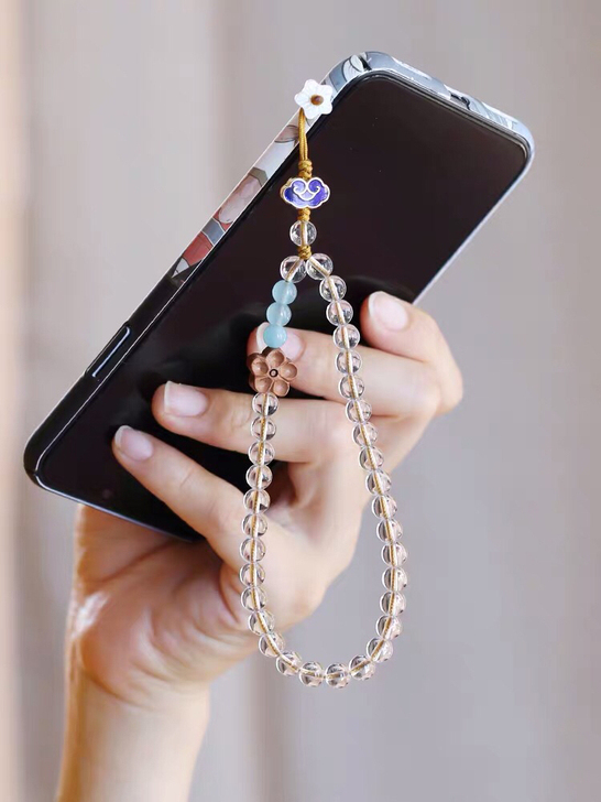 原创天然高品质白水晶手机链短款挂件简约中国...