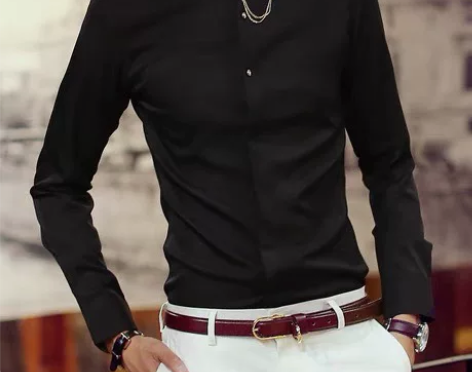 英伦男士纯色黑色衬衣韩版修身型商务免烫长袖...