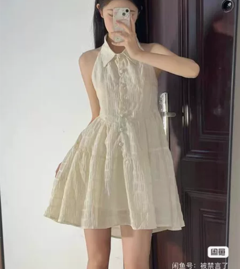 纯欲风丝带挂脖polo衬衫连衣裙女夏季小个...