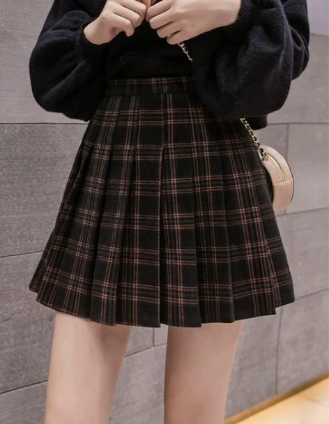 a字裙 学院风短裙女a字毛呢格子半身裙百褶...